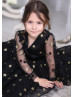 Long Sleeves Black Gold Star Tulle V Back Wedding Flower Girl Dress